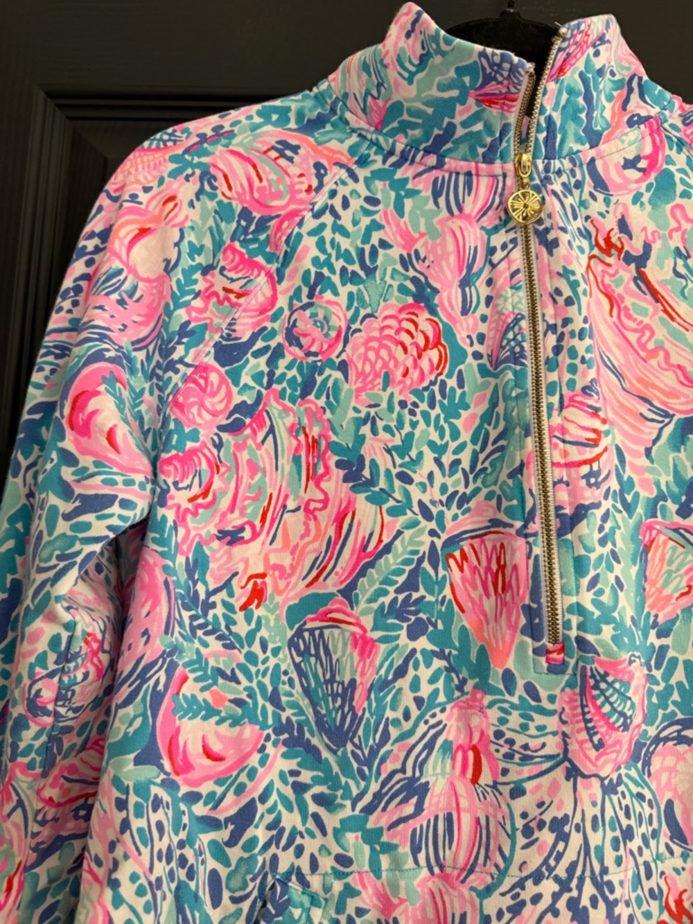 Lilly Pulitzer UPF 50+ Skipper Popover Pink Coral and Aqua Shell-Print - Picture 5 of 9
